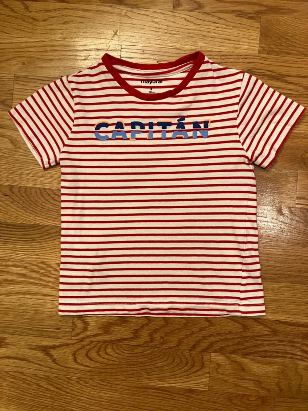 Boys Mayoral size 4 Red/White Striped 'Capitán' Short Sleeve Tee/ Blue Lettering